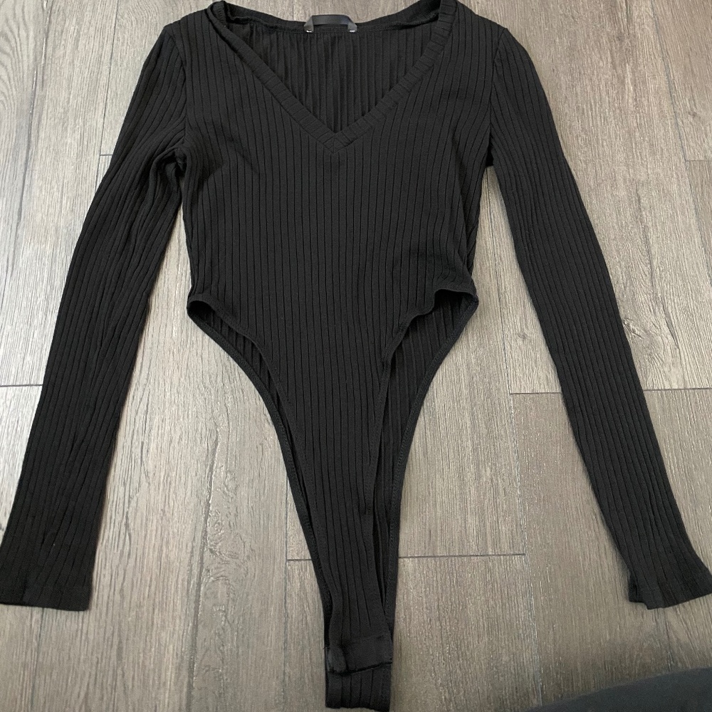 Shein Rib-Knit High Leg Black Long Sleeve Bodysuit
